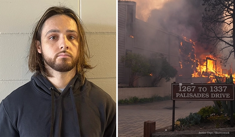 A structure burns in the Palisades Fire in Los Angeles and arson suspect Jonathan Rinderknecht (Credit: Department of Justice and Shutterstock)