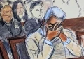 In this courtroom sketch, Sean Diddy Combs, reacts during his sentencing hearing in Manhattan federal court on Friday, Oct. 3, 2025, in New York. (Credit: Elizabeth Williams/AP)