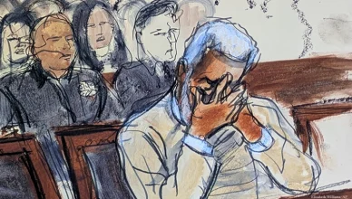 In this courtroom sketch, Sean Diddy Combs, reacts during his sentencing hearing in Manhattan federal court on Friday, Oct. 3, 2025, in New York. (Credit: Elizabeth Williams/AP)