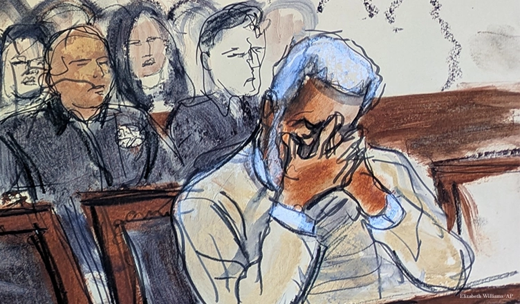 In this courtroom sketch, Sean Diddy Combs, reacts during his sentencing hearing in Manhattan federal court on Friday, Oct. 3, 2025, in New York. (Credit: Elizabeth Williams/AP)