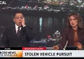 A stolen vehicle police pursuit went horribly wrong in Los Angeles on Oct. 21, 2025, leaving the suspect dead and CBS LA news anchors in shock. (Credit: Mediaite/CBS LA)
