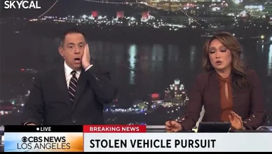 A stolen vehicle police pursuit went horribly wrong in Los Angeles on Oct. 21, 2025, leaving the suspect dead and CBS LA news anchors in shock. (Credit: Mediaite/CBS LA)