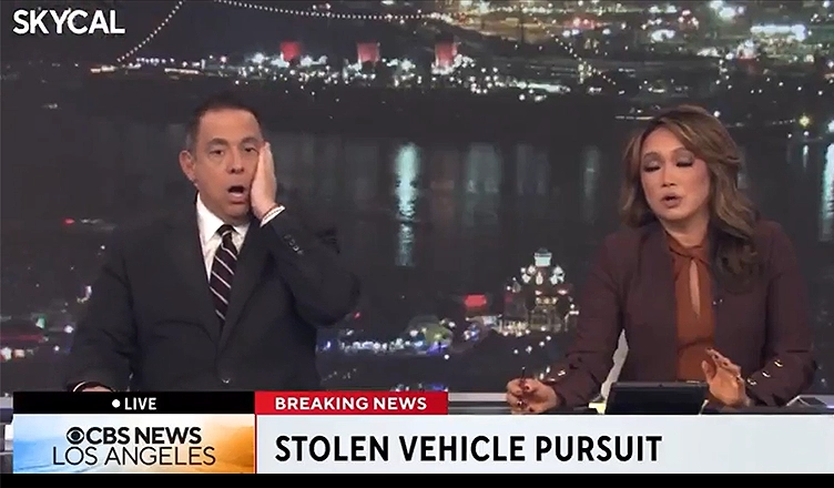 A stolen vehicle police pursuit went horribly wrong in Los Angeles on Oct. 21, 2025, leaving the suspect dead and CBS LA news anchors in shock. (Credit: Mediaite/CBS LA)