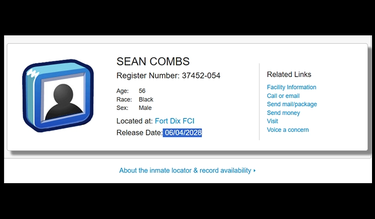 Diddy had his prison release date pushed back one month, according to the BOP website. (Credit: Bureau of Prisons)