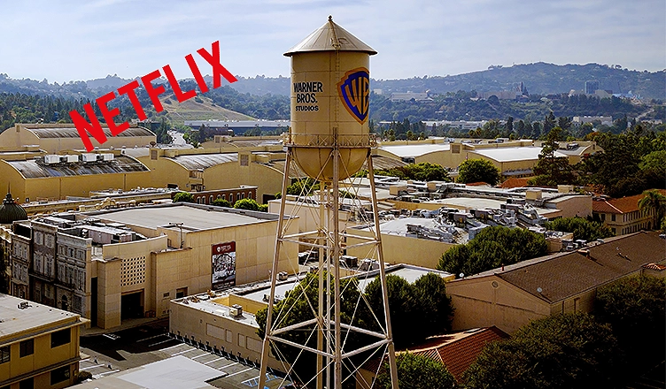 Netflix logo and Warner Studios Burbank aerial view - Drone footage - BURBANK, USA - NOVEMBER 5, 2023 — Photo by 4kclips