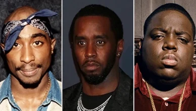 (L-R) Tupac Shakur, Sean Combs and Christopher Wallace aka Notorious B.I.G. (Credit: YouTube, Shutterstock and handout photo)