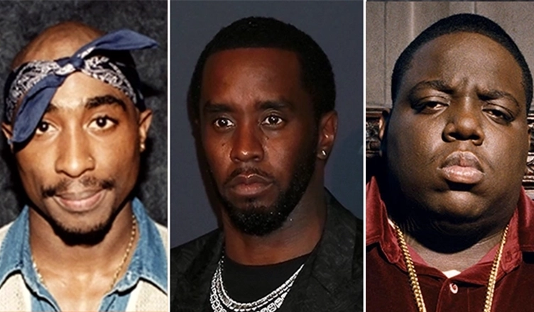 (L-R) Tupac Shakur, Sean Combs and Christopher Wallace aka Notorious B.I.G. (Credit: YouTube, Shutterstock and handout photo)