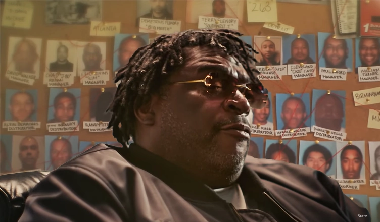 A composite image of BMF co-founder Terry Flenory and a police board from season 2 of “The BMF Documentary: Blowing Money Fast” (Credit: Starz)