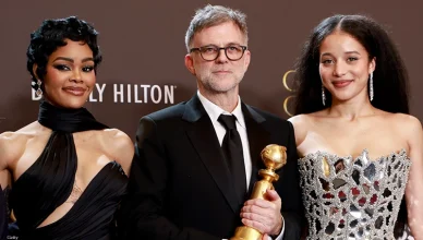 Paul Thomas Anderson, Teyana Taylor, Chase Infiniti backstage after winning the Golden Globe for "One Battle After Another" (2026GG/Penske Media via Getty Images)