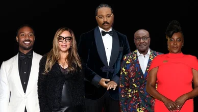 "Sinners" cast and crew: (L-R) Michael B. Jordan, Ruth E. Carter, Ryan Coogler, Delroy Lindo and Wunmi Mosaku (Credit: Shutterstock and Getty Image for Warner Bros.)