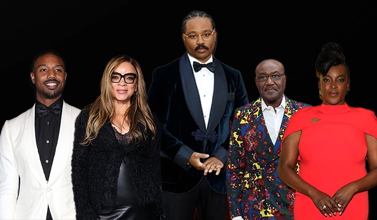 "Sinners" cast and crew: (L-R) Michael B. Jordan, Ruth E. Carter, Ryan Coogler, Delroy Lindo and Wunmi Mosaku (Credit: Shutterstock and Getty Image for Warner Bros.)