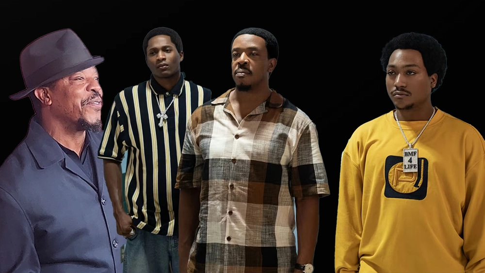 Russell Hornsby is shown on the red carpet with an inset from BMF. (Credit: Urban Hollywood 411 and Starz)