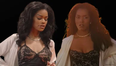 Teyana Taylor channels Angela Bassett in Waiting to Exhale for an SNL promo. (Credit: NBC/HBO Max)