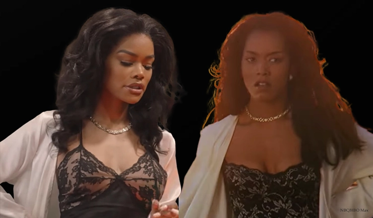 Teyana Taylor channels Angela Bassett in Waiting to Exhale for an SNL promo. (Credit: NBC/HBO Max)
