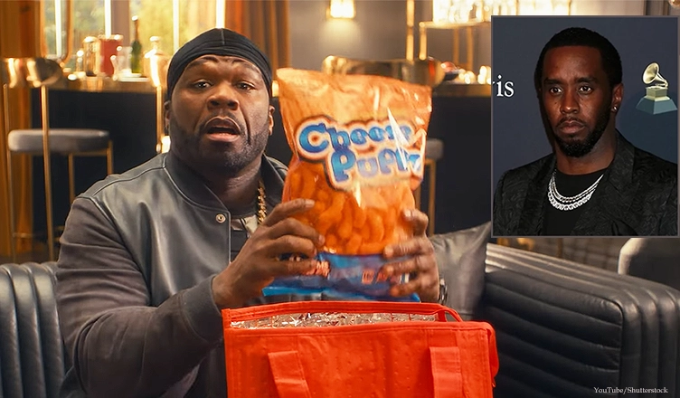 50 Cent taunts Diddy in a new DoorDash Super Bowl commercial (Credit: YouTube and Shutterstock)