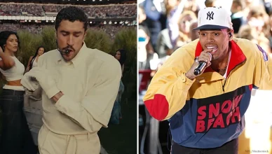 (L-R) Rapper Bad Bunny performing at the 2026 Super Bowl and R&B singer Chris Brown (Credit: YouTube/NFL and Shutterstock)