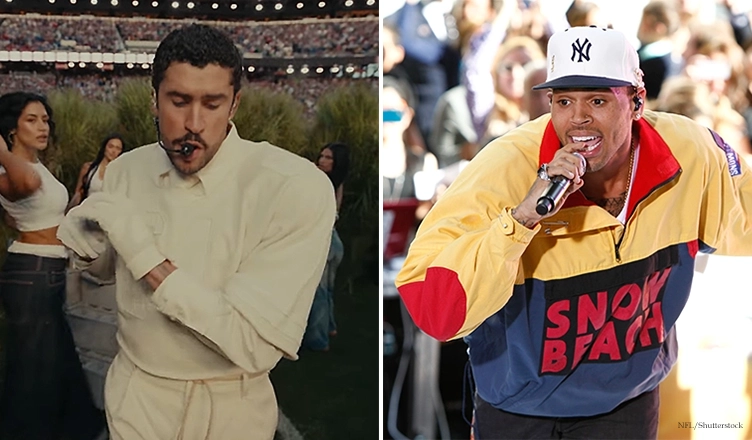 (L-R) Rapper Bad Bunny performing at the 2026 Super Bowl and R&B singer Chris Brown (Credit: YouTube/NFL and Shutterstock)