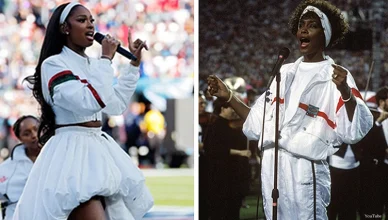Coco Jones paid homage to Whitney Houston with her custom ensemble at the Super Bowl on Sunday, Feb. 8, 2026. (Credit: YouTube)