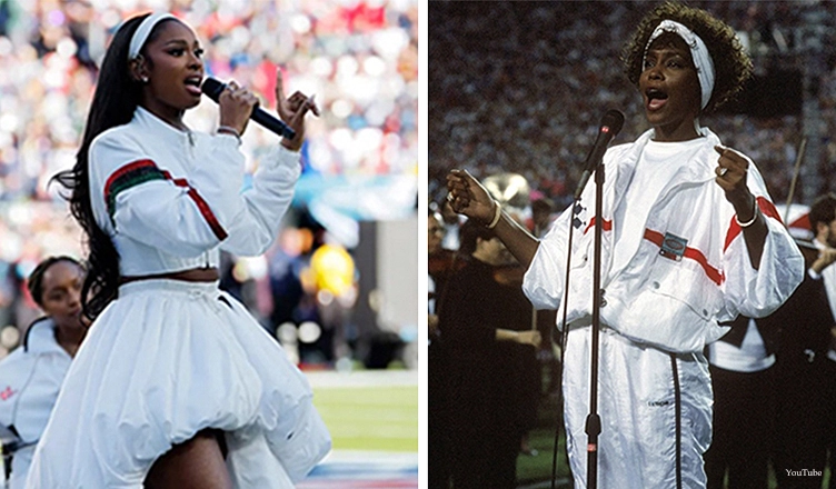 Coco Jones paid homage to Whitney Houston with her custom ensemble at the Super Bowl on Sunday, Feb. 8, 2026. (Credit: YouTube)