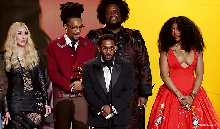 Kendrick Lamar, SZA, and producer Sounwave accept the Record of the Year Grammy Award from Cher on Sunday, Jan. 26, 2026 at the Crypto.com Arena. (Credit: Kevin Winter/Getty Images for The Recording Academy)