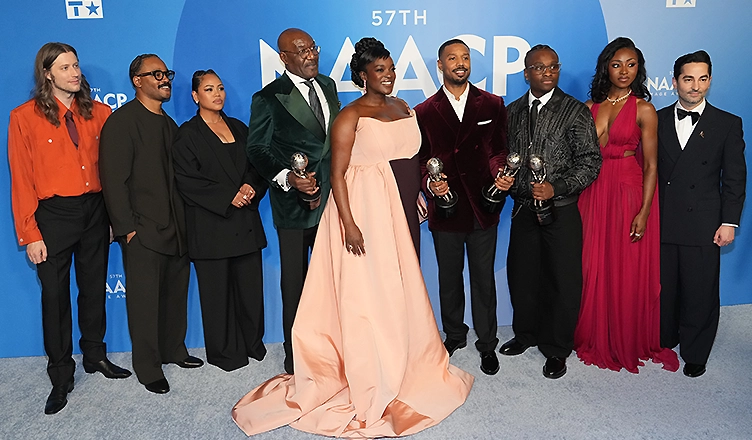 (L-R) Ludwig Göransson, Ryan Coogler, Zinzi Coogler, Delroy Lindo, Wunmi Mosaku, Michael B. Jordan, Miles Caton, Jayme Lawson, Sev Ohanian pose in the press room during the 57th NAACP Image Awards on February 28, 2026 in Pasadena, California. (Bennett Raglin/Getty Images for BET)