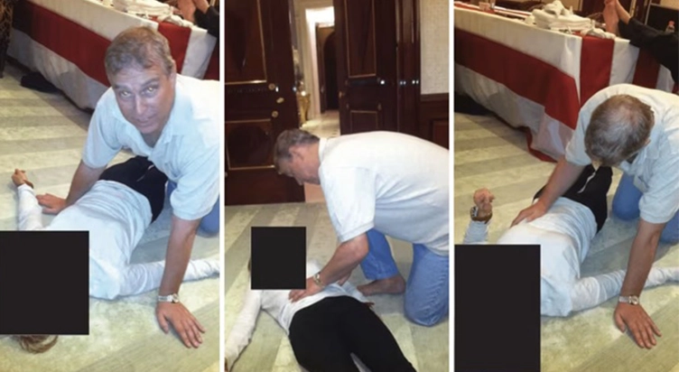 Andrew Mountbatten-Windsor is shown hovering over an unidentified female in photos from the Epstein files. (Credit: DOJ via CNN)