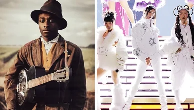 Miles Caton on the set of Sinners and Ejae, Audrey Nuna and Rei Ami, the singing voices behind HUNTR/X at the 2025 NFL Christmas Day Halftime Show. (Credit: Warner Bros./Netflix)