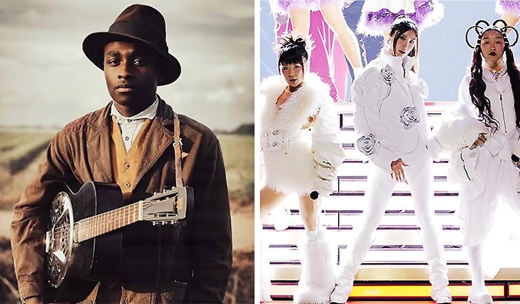 Miles Caton on the set of Sinners and Ejae, Audrey Nuna and Rei Ami, the singing voices behind HUNTR/X at the 2025 NFL Christmas Day Halftime Show. (Credit: Warner Bros./Netflix)