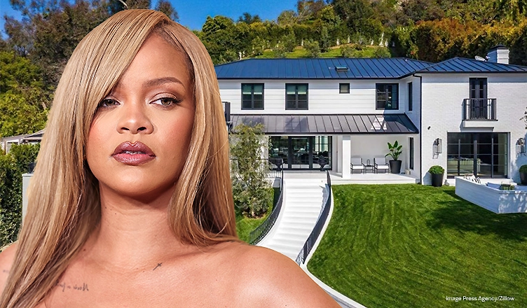 Rihanna is shown with a photo of her home. (Credit: Image Press Agency and Zillow)