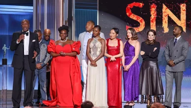 Delroy Lindo speaks on stage after "Sinners" won the award for best ensemble cast in a motion picture at the Actor Awards in Los Angeles on Sunday, March 1, 2026. (Credit: Getty Images for Netflix)