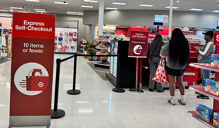 Shoppers use self-checkout lanes at a Target in Maple Grove, Minnesota on May 23, 2025. (Credit: Deposit Photos)