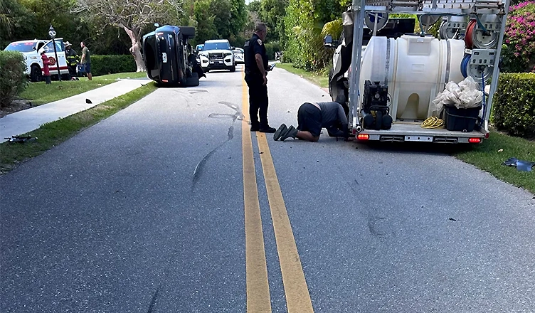 Police investigate a crash involving Tiger Woods and a truck driver on Jupiter Island, Florida on Friday, March 27, 2026. (Credit: Martin County Sheriff's Office)