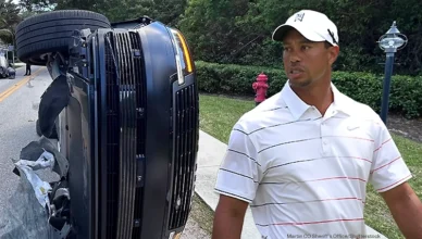 Tiger Woods is shown with his crashed SUV on Jupiter Island, Florida on Friday, March 27, 2026. (Credit: Martin County Sheriff's Office/Shutterstock)