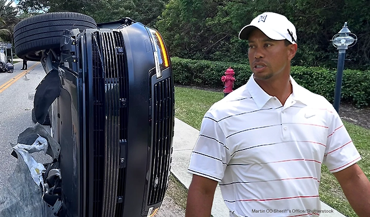 Tiger Woods is shown with his crashed SUV on Jupiter Island, Florida on Friday, March 27, 2026. (Credit: Martin County Sheriff's Office/Shutterstock)