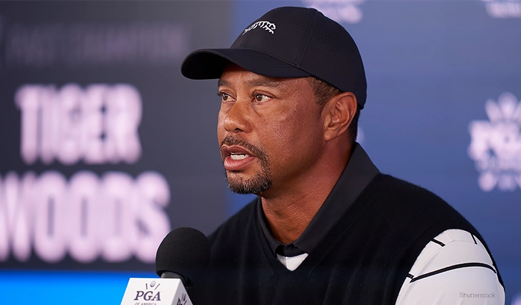 Tiger Woods of United States during press conference prior to the 2024 PGA Championship at Valhalla Golf Club on May 14, 2024 in Louisville, Kentucky. (Credit: Shutterstock)