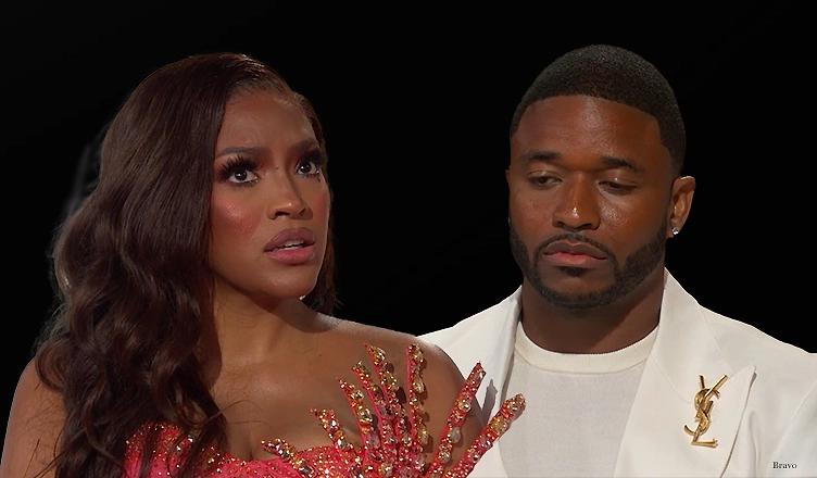 Drew Sidora and Ralph Pittman on the season 14 reunion of Real Housewives of Atlanta. (Credit: Bravo)