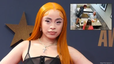 Rapper Ice Spice is shown at the 2023 BET Awards in Los Angeles, CA, with an inset from surveillance footage she posted on social media of a brawl at a McDonald's in L.A. on April 15, 2026. (Credit: Image Press Agency and X.com)