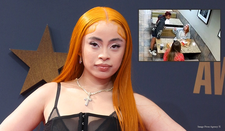 Rapper Ice Spice is shown at the 2023 BET Awards in Los Angeles, CA, with an inset from surveillance footage she posted on social media of a brawl at a McDonald's in L.A. on April 15, 2026. (Credit: Image Press Agency and X.com)