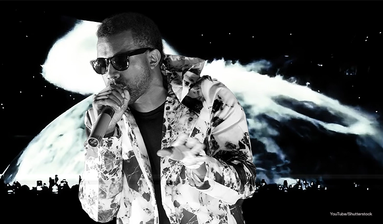 Kanye West, known to fans as "Ye," is shown at the Shanghai Grand Stage in Shanghai, China on 3 November 2008 over a screengrab of the stage at his SoFi Stadium concert in Inglewood, California on April 3, 2026. (Credit: YouTube and Shutterstock)