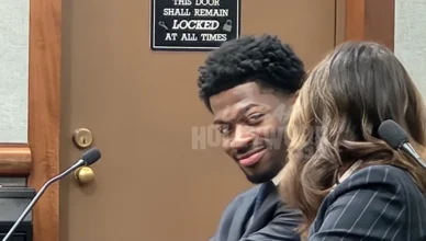 Rapper Lil Nas X, born Montero Hill, and defense attorney Christy O’Connor at the Van Nuys Court House for a status hearing in Los Angeles on Monday, April 6, 2026. (Photo by Anita Bennett/Urban Hollywood 411)