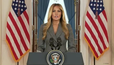 First lady Melania Trump held a news conference to dispute rumors linkING her to Jeffrey Epstein. The White House, Thursday, April 9, 2026. (Credit: YouTube/C-SPAN)