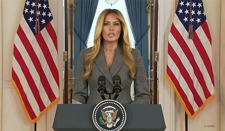First lady Melania Trump held a news conference to dispute rumors linkING her to Jeffrey Epstein. The White House, Thursday, April 9, 2026. (Credit: YouTube/C-SPAN)