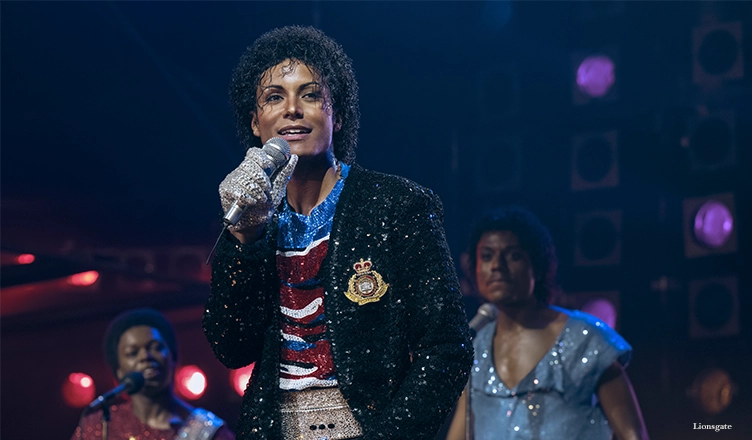 Rhyan Hill as Tito Jackson, Jaafar Jackson as Michael Jackson, and Tre’ Horton as Marlon Jackson in Michael. (Credit: Glen Wilson/Lionsgate)