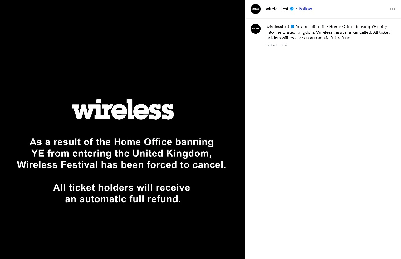 Wireless Festival Statement about Kanye West
