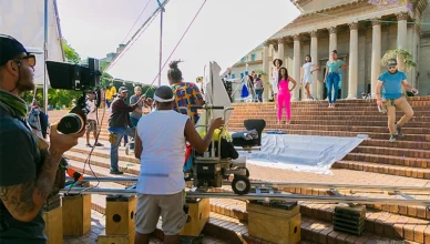October 09 2018: Behind the scenes of a Television advert Film Set on location at a University Campus — Stock Photo by Sunshine Seeds