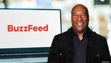 Byron Allen is shown in a composite image with the Buzzfeed logo on a computer. (Credit: Shutterstock)