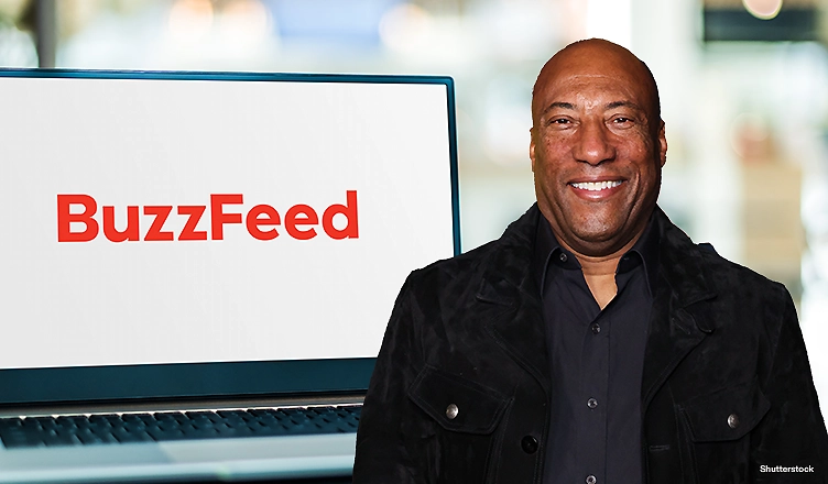 Byron Allen is shown in a composite image with the Buzzfeed logo on a computer. (Credit: Shutterstock)