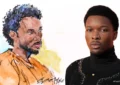 In this courtroom sketch, David Anthony Burke, whose stage name is D4vd, is seen in court on Thursday, April 23, 2026, in Los Angeles, and also posing for the camera. (Credit: Bill Robles via AP and Shutterstock)