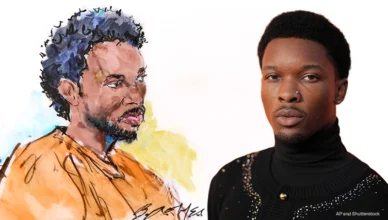 In this courtroom sketch, David Anthony Burke, whose stage name is D4vd, is seen in court on Thursday, April 23, 2026, in Los Angeles, and also posing for the camera. (Credit: Bill Robles via AP and Shutterstock)