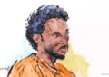 In this courtroom sketch, David Anthony Burke, whose stage name is D4vd, is seen in court Thursday, April 23, 2026, in Los Angeles on charges of killing a 14-year-old girl whose dismembered body was found in his car. (Bill Robles via AP)